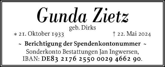 Traueranzeige von Gunda Zietz von Husumer Nachrichten, Nordfriesland Tageblatt