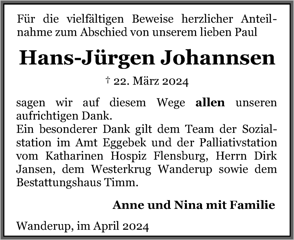 Traueranzeige für Hans-Jürgen Johannsen vom 27.04.2024 aus Flensburger Tageblatt
