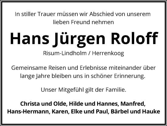 Traueranzeige von Hans Jürgen Roloff von Husumer Nachrichten, Nordfriesland Tageblatt