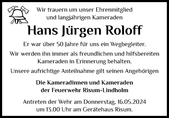 Traueranzeige von Hans Jürgen Roloff von Husumer Nachrichten, Nordfriesland Tageblatt