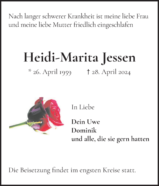 Traueranzeige von Heidi-Marita Jessen von Elmshorner Nachrichten, Barmstedter Zeitung