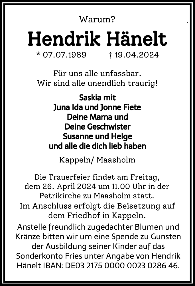  Traueranzeige für Hendrik Hänelt vom 24.04.2024 aus Schleswiger Nachrichten, Schlei-Bote