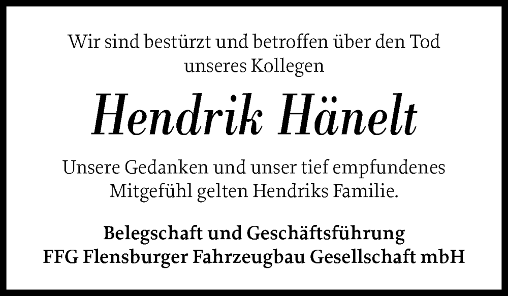  Traueranzeige für Hendrik Hänelt vom 24.04.2024 aus Region Flensburg