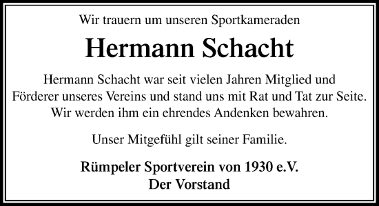 Traueranzeige von Hermann Schacht von Stormaner Tageblatt