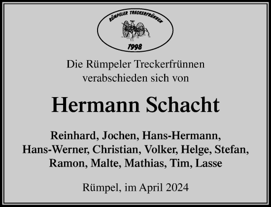 Traueranzeige von Hermann Schacht von Stormaner Tageblatt