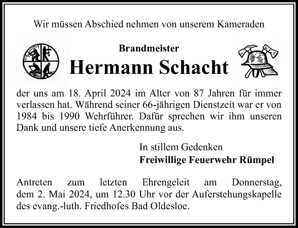 Traueranzeige für Hermann Schacht vom 27.04.2024 aus Stormaner Tageblatt