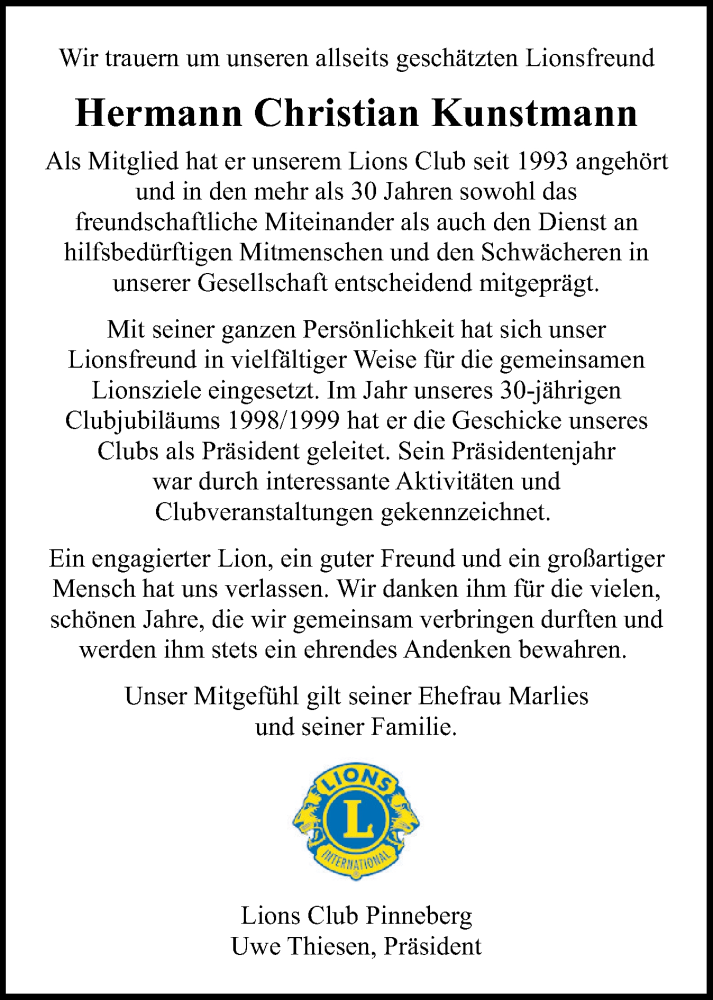  Traueranzeige für Hermann Christian Kunstmann vom 24.04.2024 aus Region Pinneberg und tip Pinneberg