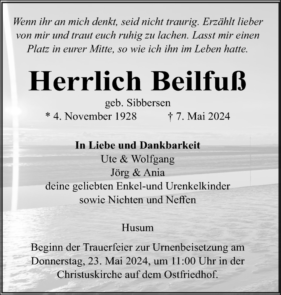  Traueranzeige für Herrlich Beilfuß vom 17.05.2024 aus Husumer Nachrichten, Nordfriesland Tageblatt
