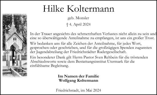 Traueranzeige von Hilke Koltermann von Husumer Nachrichten, Nordfriesland Tageblatt
