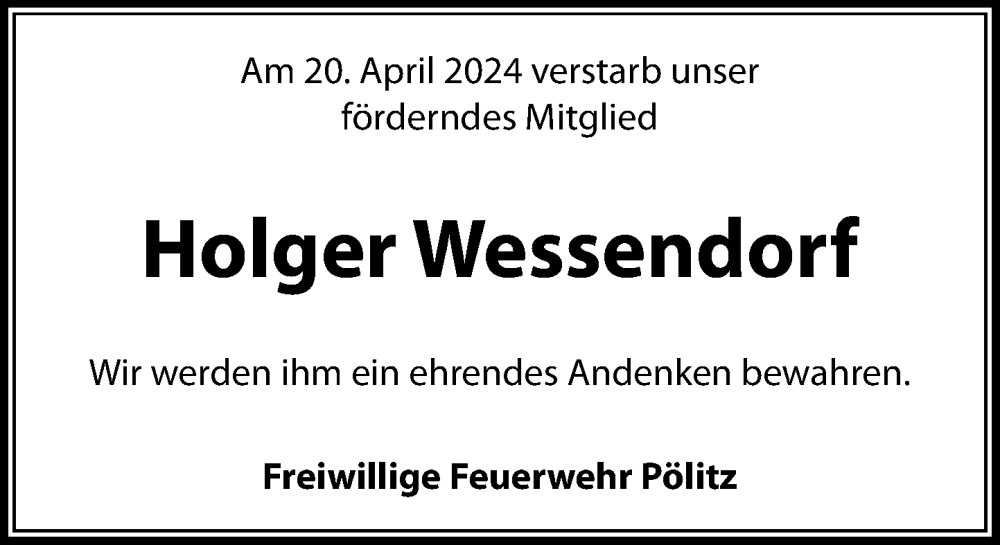  Traueranzeige für Holger Wessendorf vom 04.05.2024 aus Stormaner Tageblatt