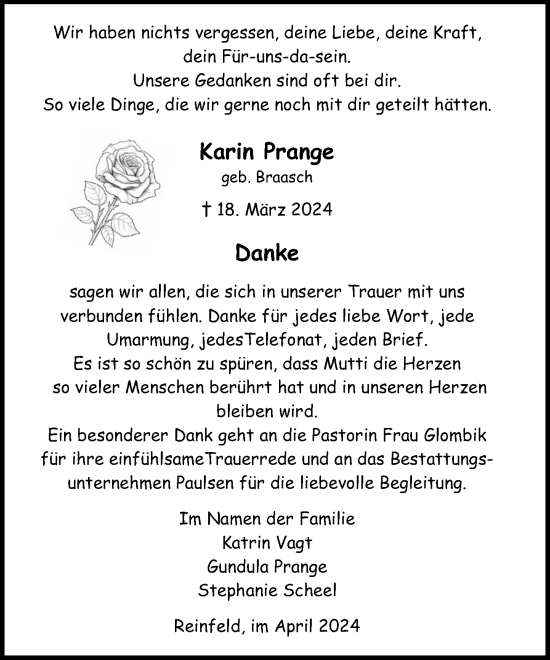 Traueranzeige von Karin Prange von Stormaner Tageblatt