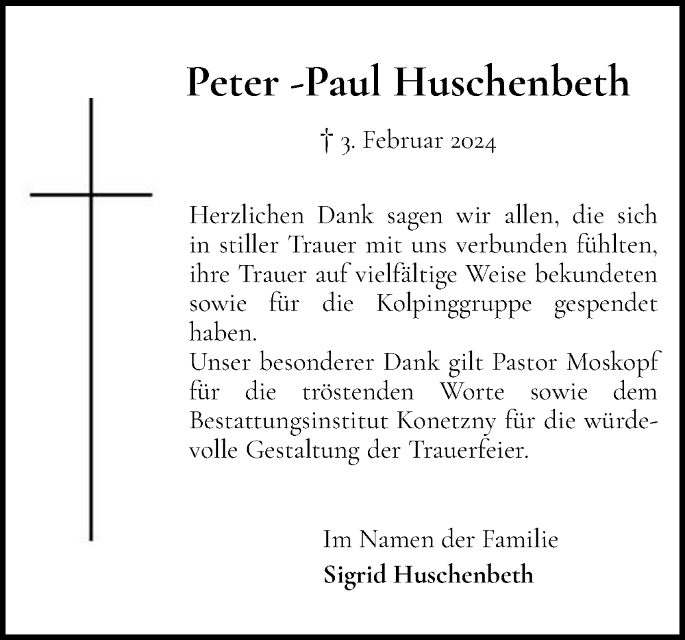  Traueranzeige für Peter-Paul Huschenbeth vom 20.04.2024 aus Elmshorner Nachrichten, Barmstedter Zeitung