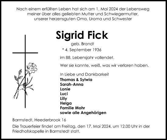 Traueranzeige von Sigrid Fick von Elmshorner Nachrichten, Barmstedter Zeitung