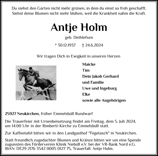 Traueranzeige von Antje Holm von Husumer Nachrichten, Nordfriesland Tageblatt