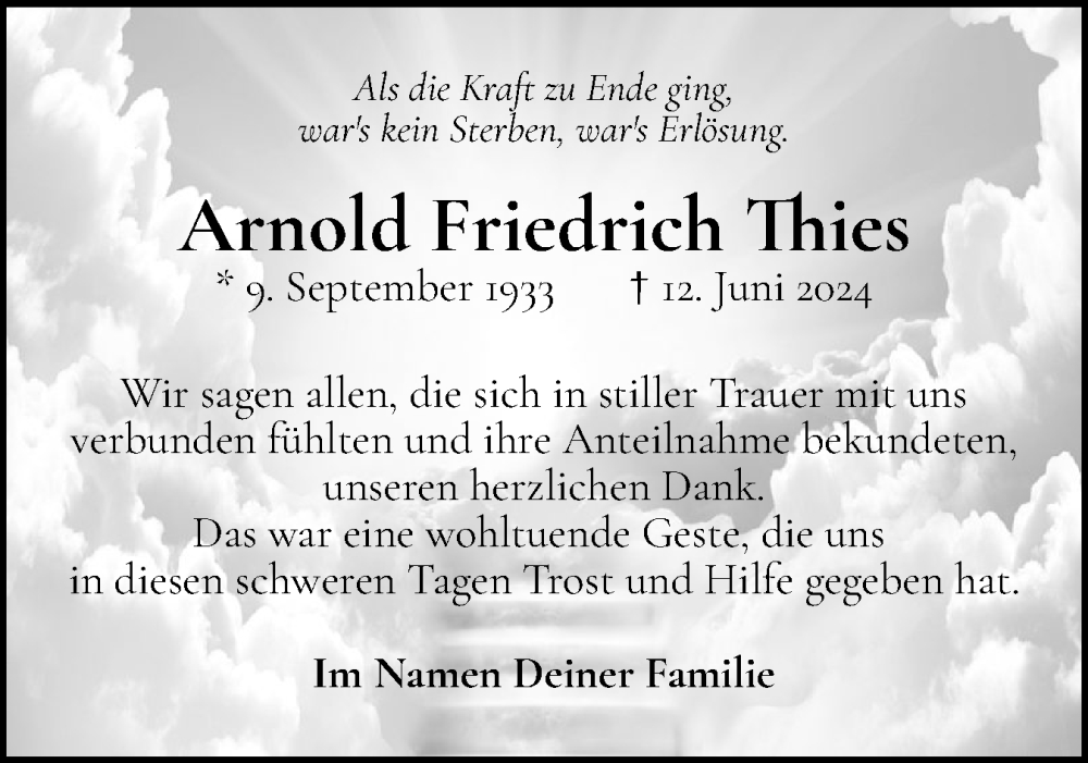  Traueranzeige für Arnold Friedrich Thies vom 22.06.2024 aus Elmshorner Nachrichten, Barmstedter Zeitung