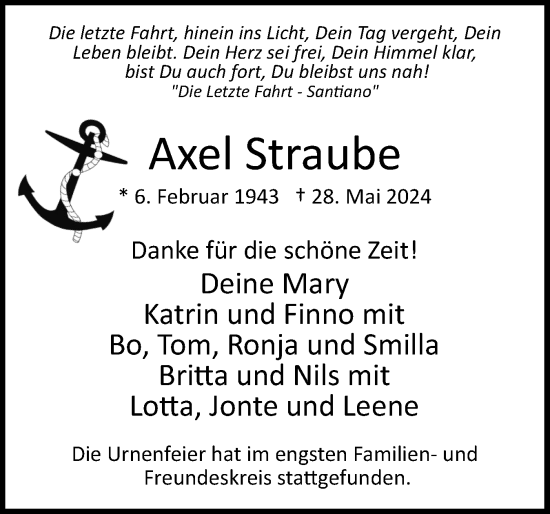 Traueranzeige von Axel Straube von Uetersener Nachrichten, Der tip am Wochenende