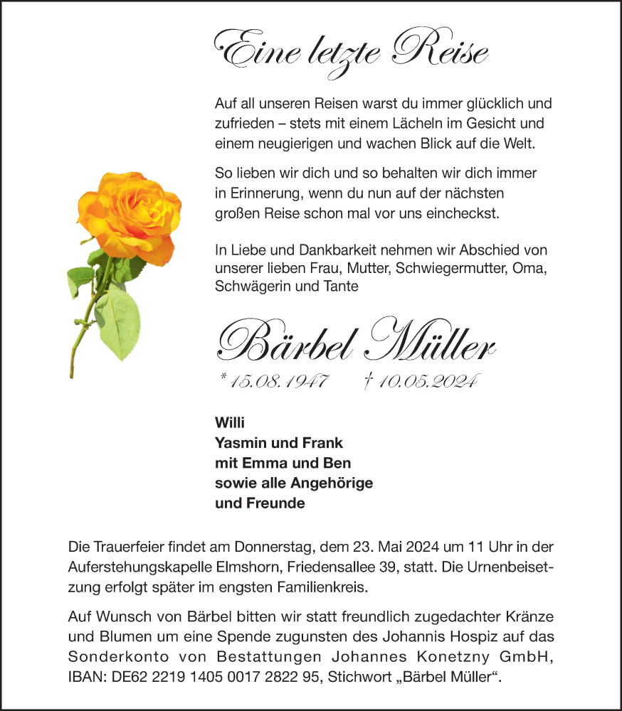  Traueranzeige für Bärbel Müller vom 18.05.2024 aus Elmshorner Nachrichten, Barmstedter Zeitung