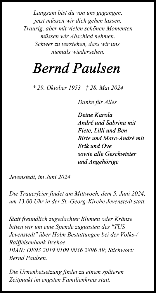 Traueranzeige von Bernd Paulsen von Schleswig-Holsteinische Landeszeitung