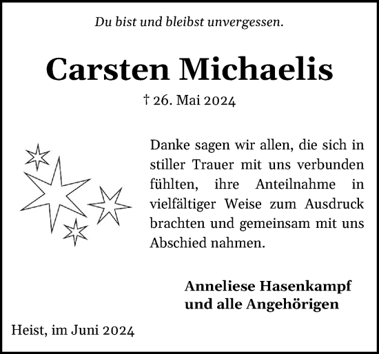 Traueranzeige von Carsten Michaelis von Uetersener Nachrichten, Der tip am Wochenende