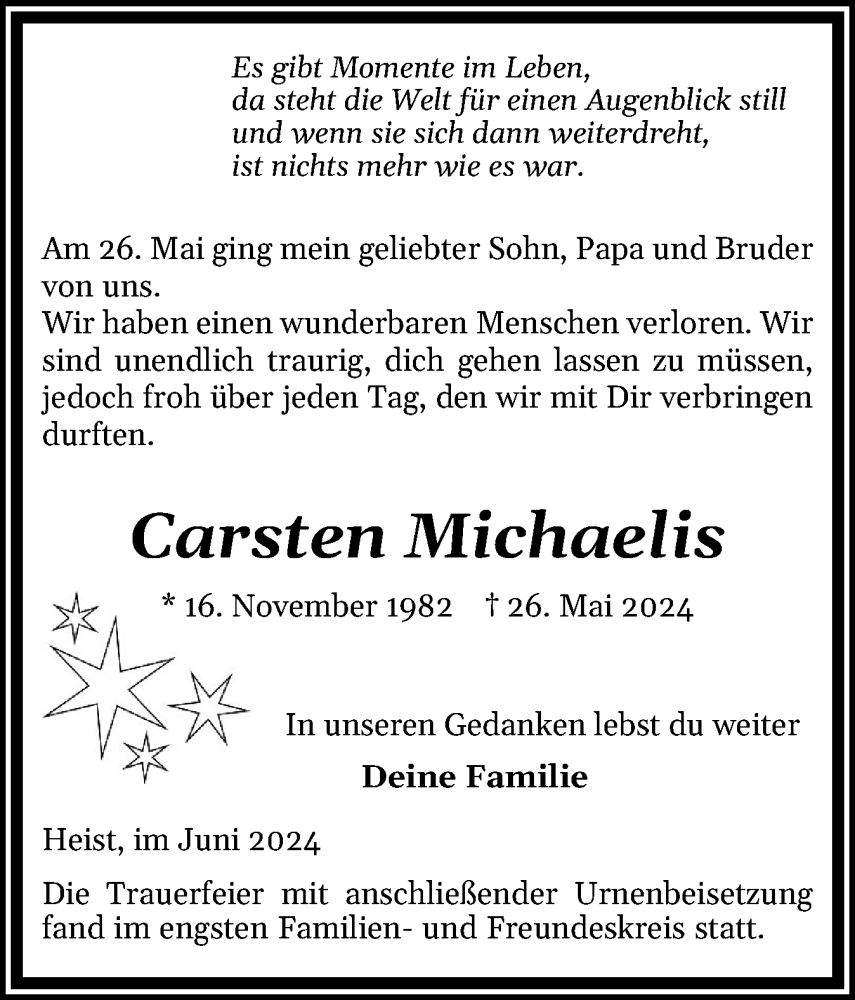  Traueranzeige für Carsten Michaelis vom 08.06.2024 aus Uetersener Nachrichten, Der tip am Wochenende