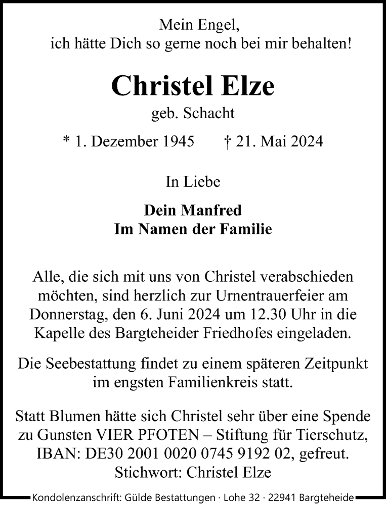  Traueranzeige für Christel Elze vom 01.06.2024 aus Stormaner Tageblatt
