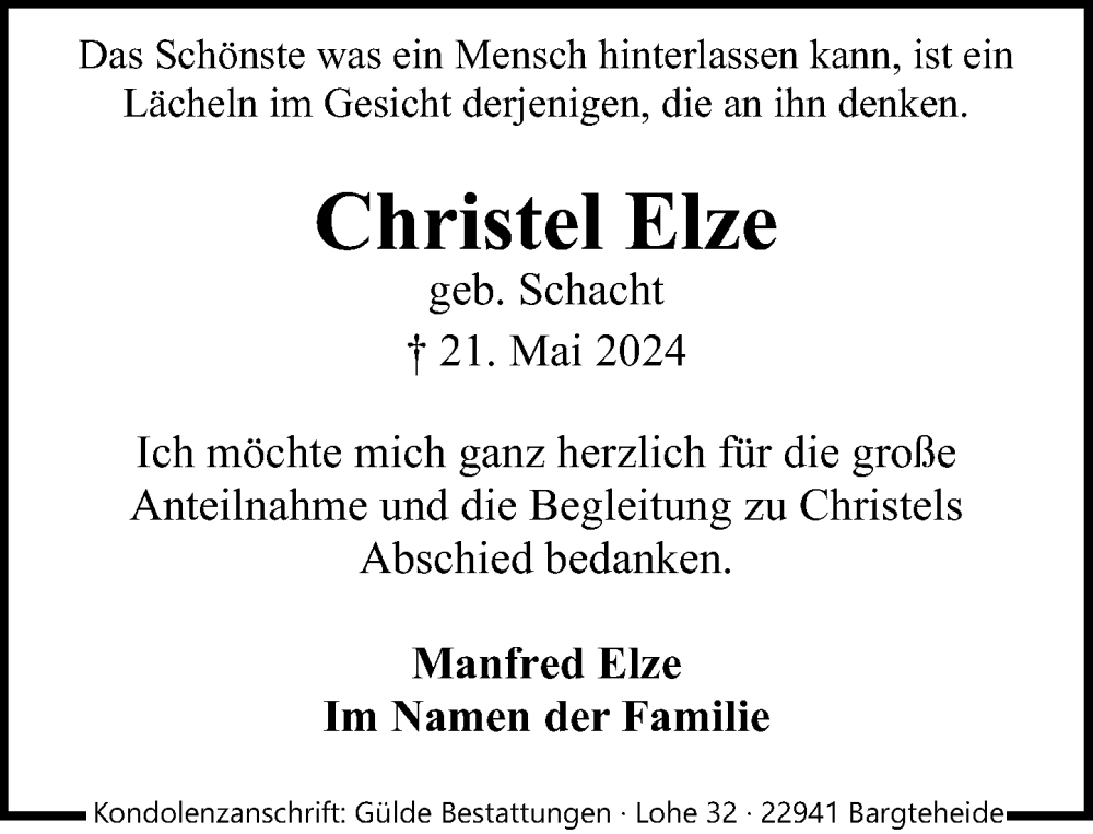  Traueranzeige für Christel Elze vom 22.06.2024 aus Stormaner Tageblatt