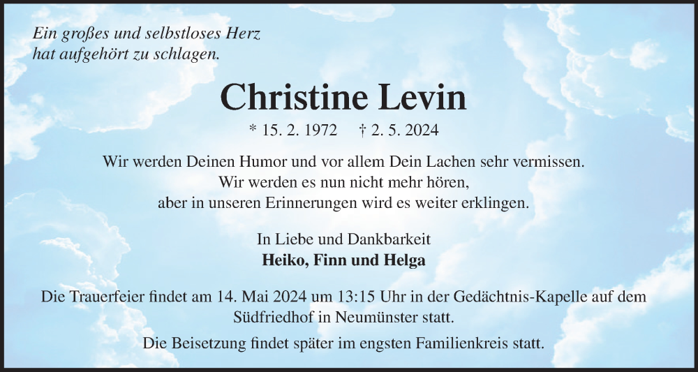 Traueranzeige für Christine Levin vom 11.05.2024 aus Holsteinischer Courier