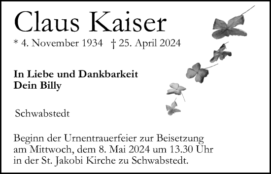 Traueranzeige von Claus Kaiser von Husumer Nachrichten, Nordfriesland Tageblatt
