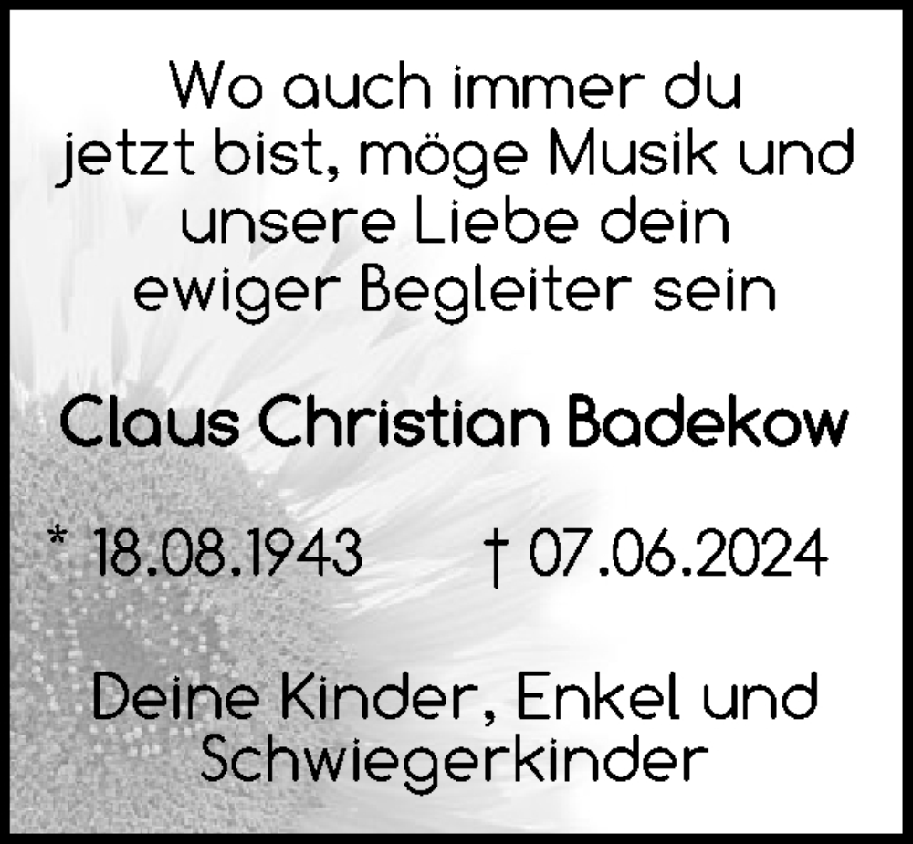  Traueranzeige für Claus Christian Badekow vom 29.06.2024 aus Region Westküste