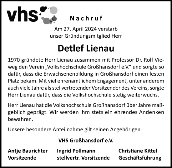 Traueranzeige von Detlef Lienau von Stormaner Tageblatt