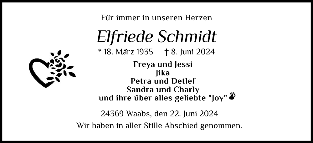  Traueranzeige für Elfriede Schmidt vom 22.06.2024 aus Eckernförder Zeitung, Hallo Eckernförde