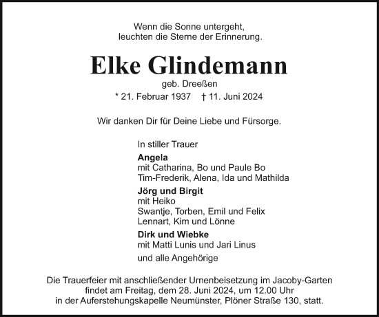 Traueranzeige von Elke Glindemann von Holsteinischer Courier