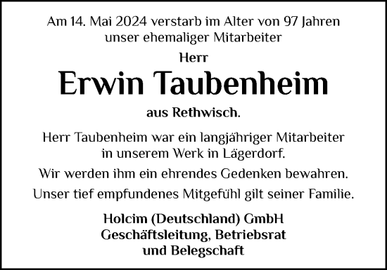 Traueranzeige von Erwin Taubenheim von Norddeutsche Rundschau, Wilstersche Zeitung, Glückstädter Fortuna