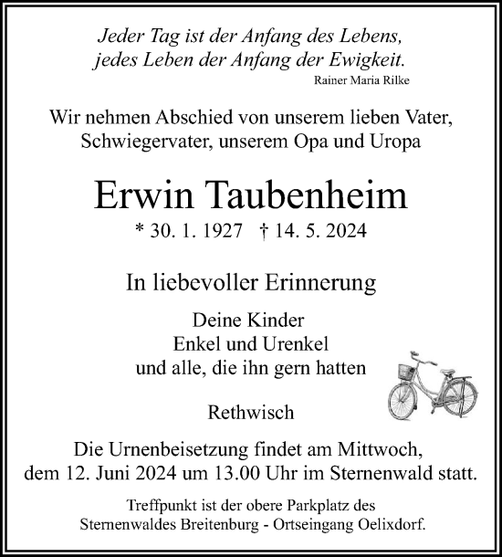 Traueranzeige von Erwin Taubenheim von Norddeutsche Rundschau, Wilstersche Zeitung, Glückstädter Fortuna