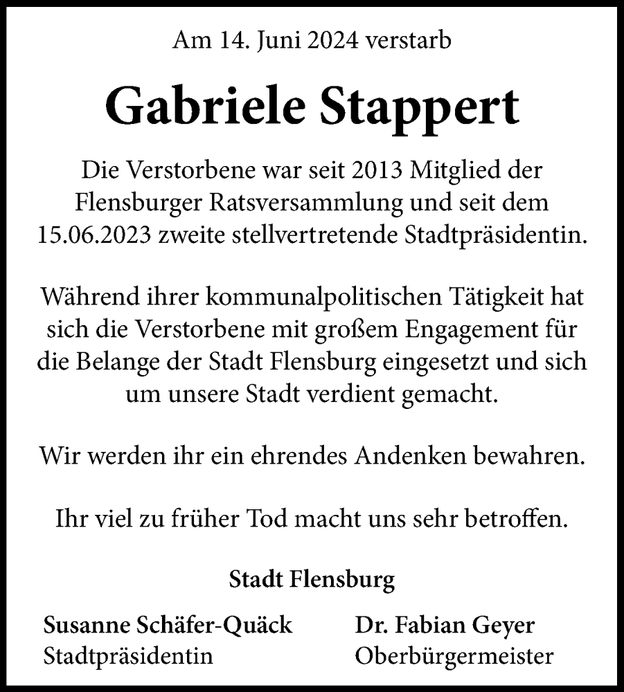  Traueranzeige für Gabriele Stappert vom 22.06.2024 aus Flensburger Tageblatt