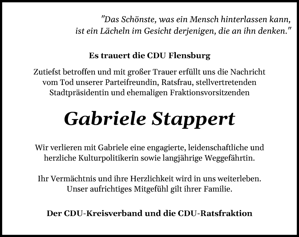  Traueranzeige für Gabriele Stappert vom 22.06.2024 aus Flensburger Tageblatt