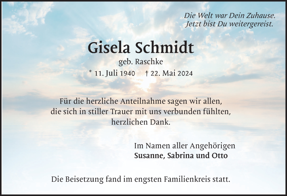  Traueranzeige für Gisela Schmidt vom 15.06.2024 aus Region Pinneberg und tip Pinneberg