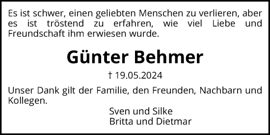 Traueranzeige von Günter Behmer von Schleswig-Holsteinische Landeszeitung