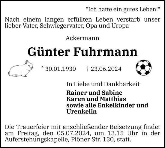 Traueranzeige von Günter Fuhrmann von Holsteinischer Courier