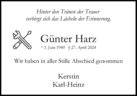 Traueranzeige von Günter Harz von Region Pinneberg und tip Pinneberg