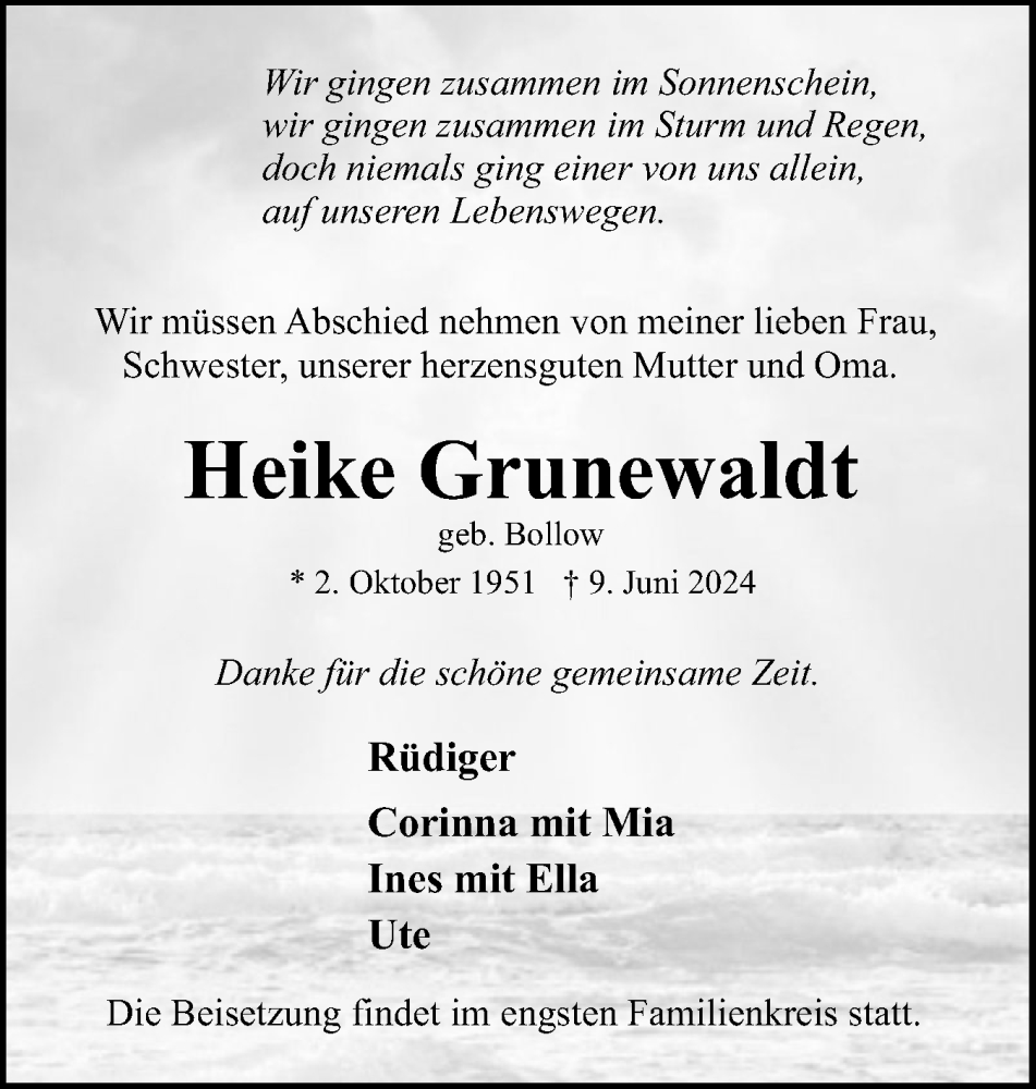  Traueranzeige für Heike Grunewaldt vom 22.06.2024 aus Eckernförder Zeitung, Hallo Eckernförde