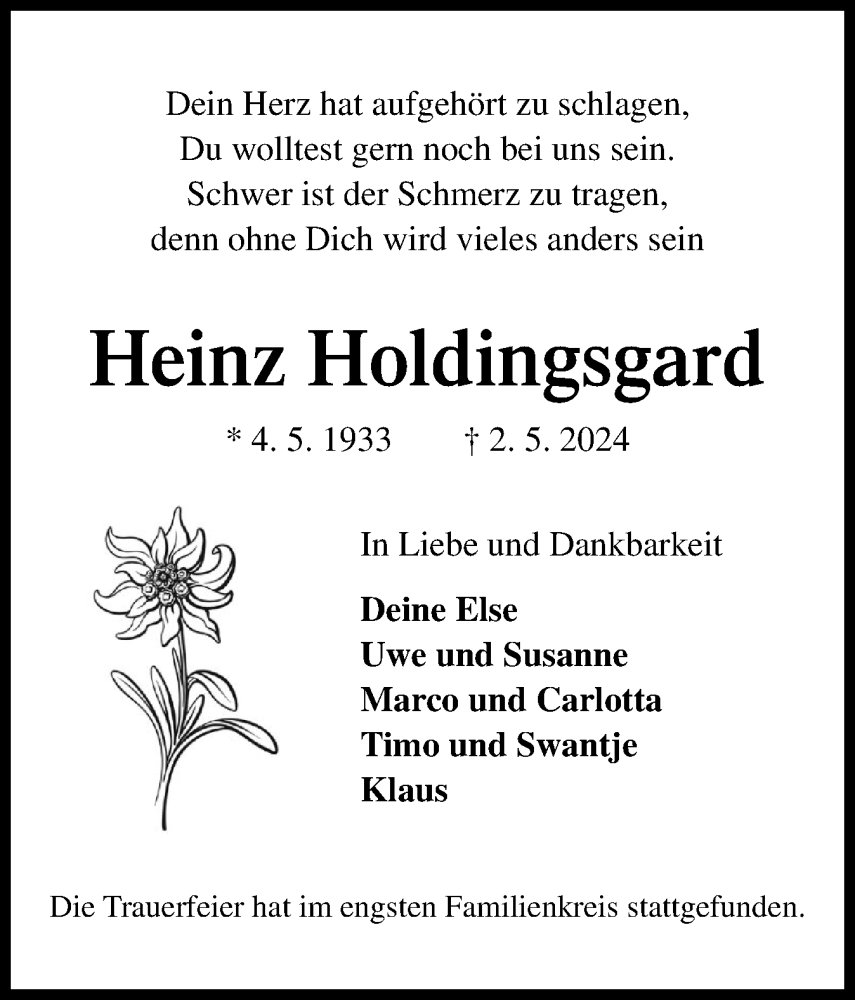  Traueranzeige für Heinz Holdingsgard vom 18.05.2024 aus Elmshorner Nachrichten, Barmstedter Zeitung