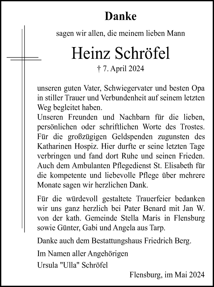  Traueranzeige für Heinz Schröfel vom 11.05.2024 aus Flensburger Tageblatt