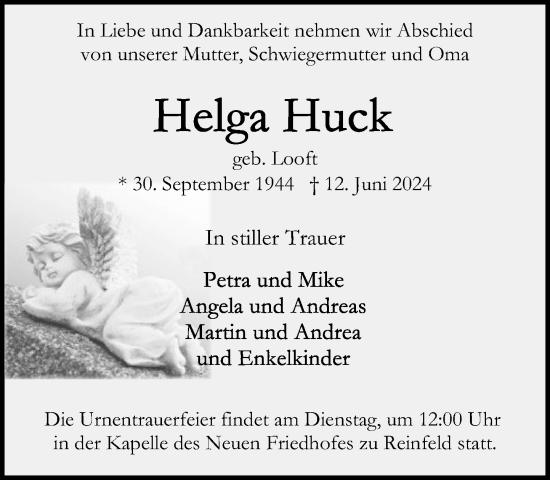 Traueranzeige von Helga Huck von Stormaner Tageblatt