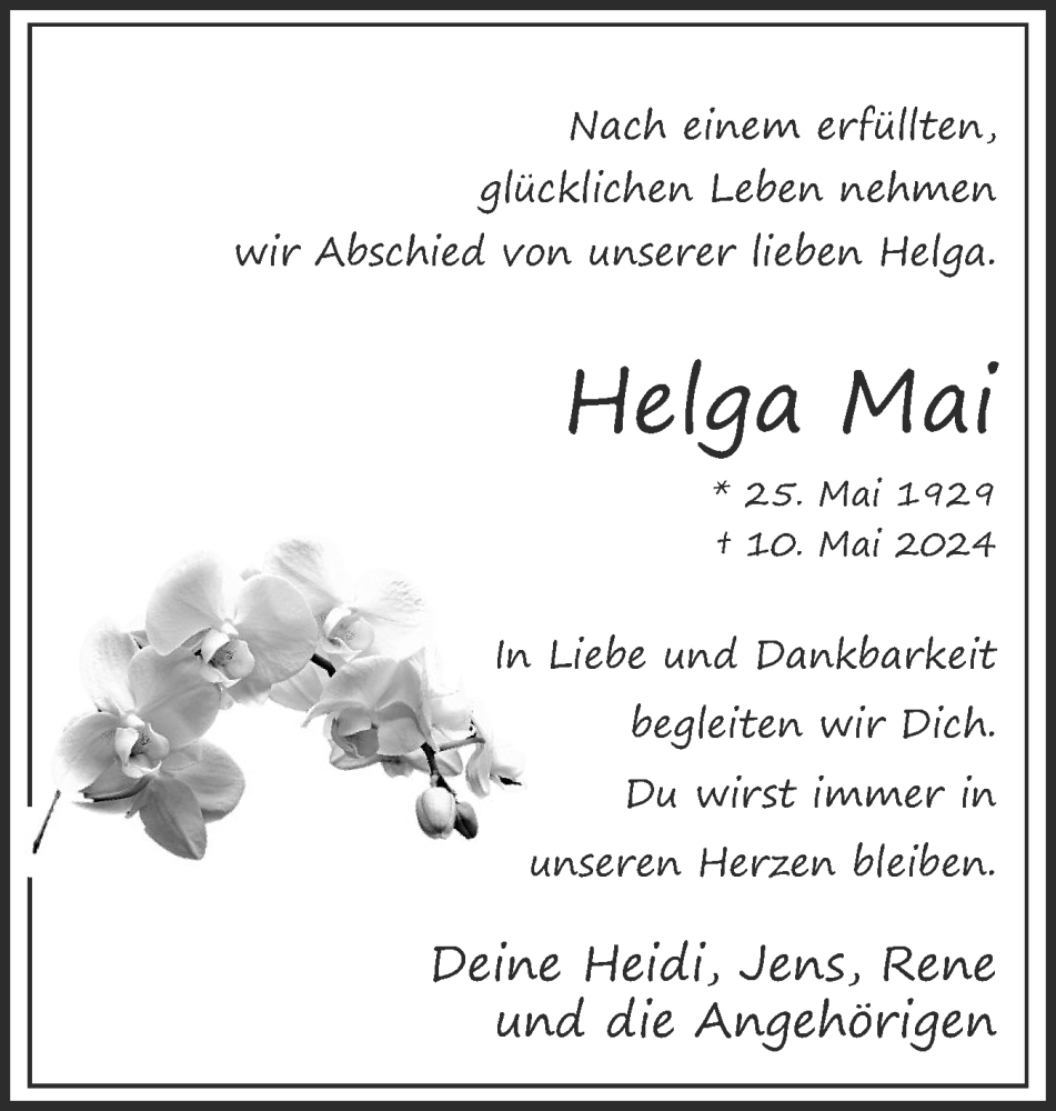  Traueranzeige für Helga Mai vom 18.05.2024 aus Uetersener Nachrichten, Der tip am Wochenende