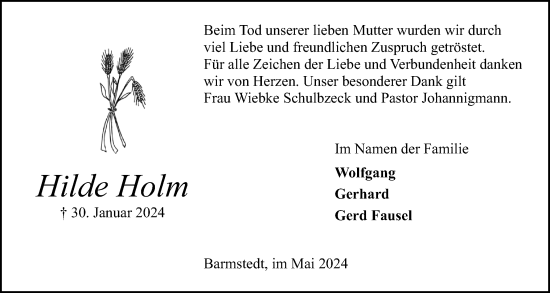 Traueranzeige von Hilde Holm von Elmshorner Nachrichten, Barmstedter Zeitung