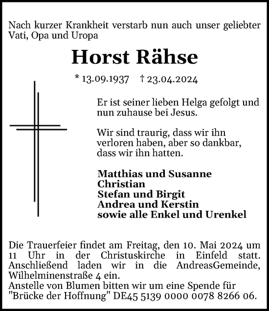 Traueranzeige von Horst Rähse von Holsteinischer Courier