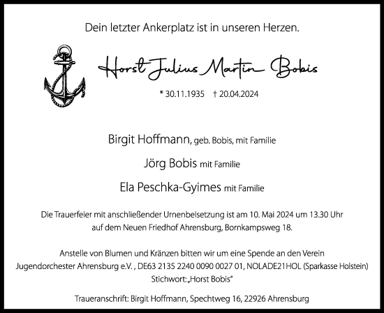 Traueranzeige von Horst Julius Martin Bokis von Stormaner Tageblatt