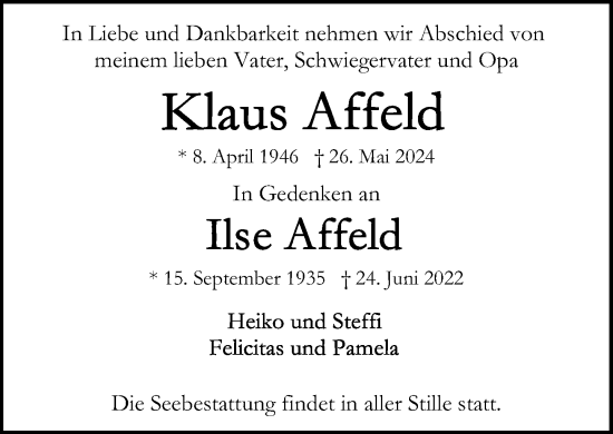 Traueranzeige von Ilse Affeld von Stormaner Tageblatt