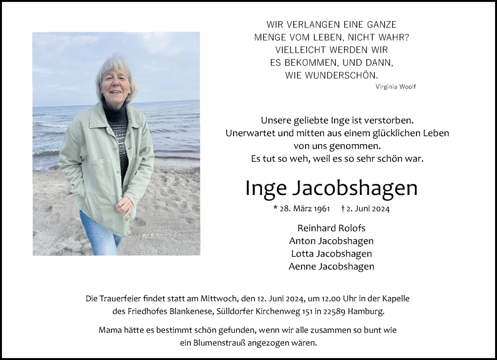  Traueranzeige für Inge Jacobshagen vom 08.06.2024 aus Wedel-Schulauer Tageblatt, tip Wedel-Schulauer Tageblatt, tip Rissener Rundschau